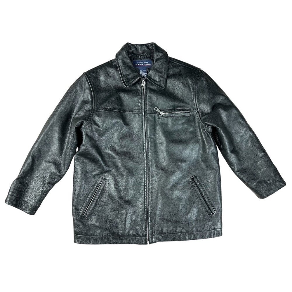 Class Club Boys Genuine Leather Jacket - Black Full-Zip Bomber - Size 7